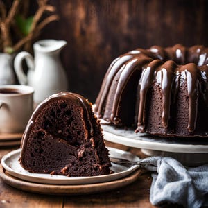 Può includere: Una torta al cioccolato con una ricca glassa al cioccolato. Una fetta di torta è su un piatto in primo piano. La torta è su un supporto per torte bianco.