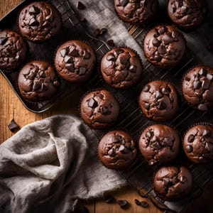 May include: An overhead view presents a selection of chocolate muffins, each a deep brown hue and adorned with chocolate chips. The muffins are arranged on a metal cooling rack and a baking tray. A linen cloth and wooden surface provide the backdrop.