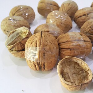 May include: A collection of brown walnuts, some whole and some halved, with clear adhesive tape wrapped around the center of the whole shells. The shells feature a textured, wrinkled surface with deep ridges and a light brown, woody appearance.