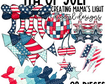 4th of July Clipart, Hand-drawn Clipart, PNG, Digital Files, trendy, patriotic, summer, red, white, and blue