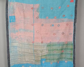 Amazing Vintage Quilt Hand Stitched Rugged Faded Multi Colored Rustic Old Antique Look Cotton Kantha Wall Hanging Bed Spread