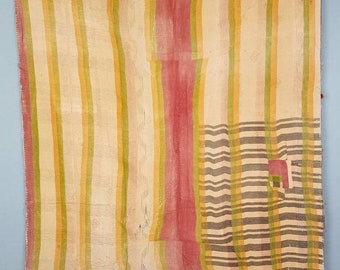 May include: A vintage kantha quilt with a patchwork design featuring stripes in shades of yellow, green, and red. The quilt is made of cotton and has a hand-stitched look.