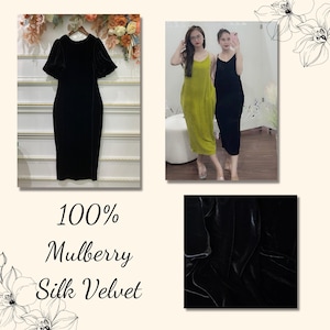 Puede incluir: Dos mujeres vistiendo vestidos largos, uno negro y otro verde. El vestido negro est&aacute; hecho de 100% terciopelo de seda de morera. El texto "100% Mulberry Silk Velvet" se muestra debajo de la imagen. Se muestra un primer plano del tejido de terciopelo negro en la esquina inferior derecha.