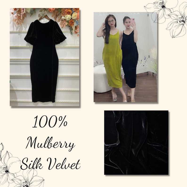 Puede incluir: Dos mujeres vistiendo vestidos largos, uno negro y otro verde. El vestido negro est&aacute; hecho de 100% terciopelo de seda de morera. El texto "100% Mulberry Silk Velvet" se muestra debajo de la imagen. Se muestra un primer plano del tejido de terciopelo negro en la esquina inferior derecha.
