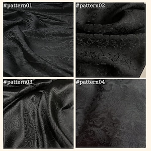 Pode incluir: Quatro amostras de tecido preto com padrões em relevo diferentes. As amostras são etiquetadas como #pattern01, #pattern02, #pattern03 e #pattern04.