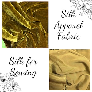 May include: Close-up of a luxurious, golden yellow silk fabric. The fabric is soft and smooth, with a subtle sheen. The text "Silk Apparel Fabric" and "Silk for Sewing" is visible in the image.