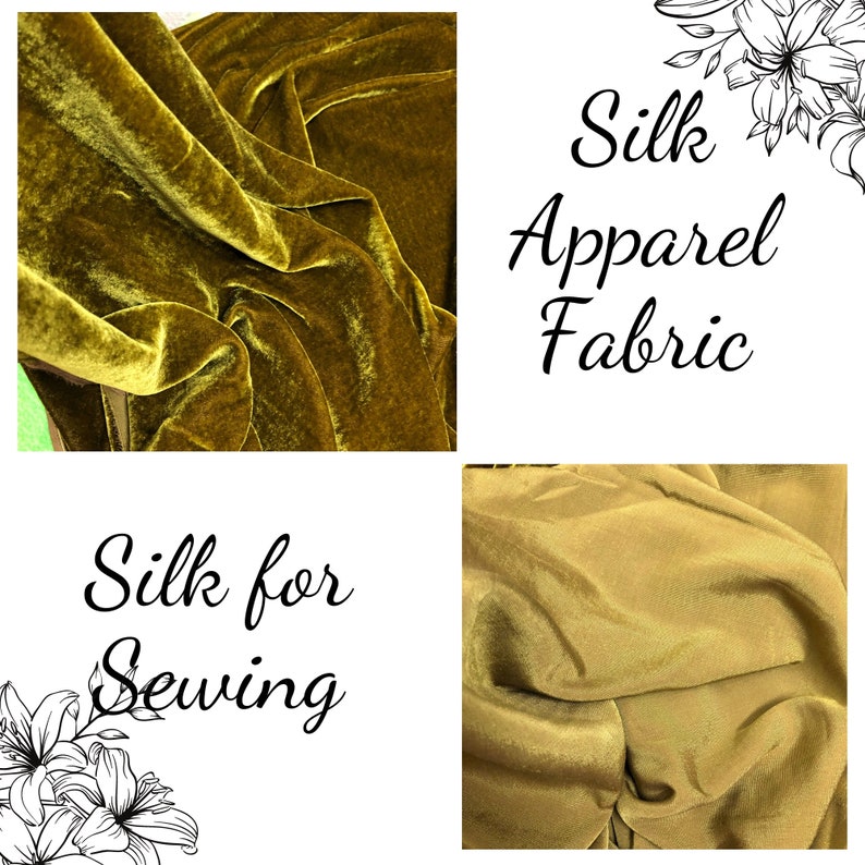 May include: Close-up of a luxurious, golden yellow silk fabric. The fabric is soft and smooth, with a subtle sheen. The text "Silk Apparel Fabric" and "Silk for Sewing" is visible in the image.