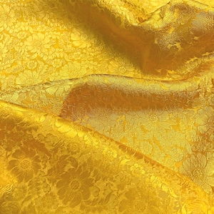 FLORAL SILK fabric by the yard - Yellow silk with chrysanthemum pattern - Organic fiber - Sewing clothes - Dress making - Floral silk