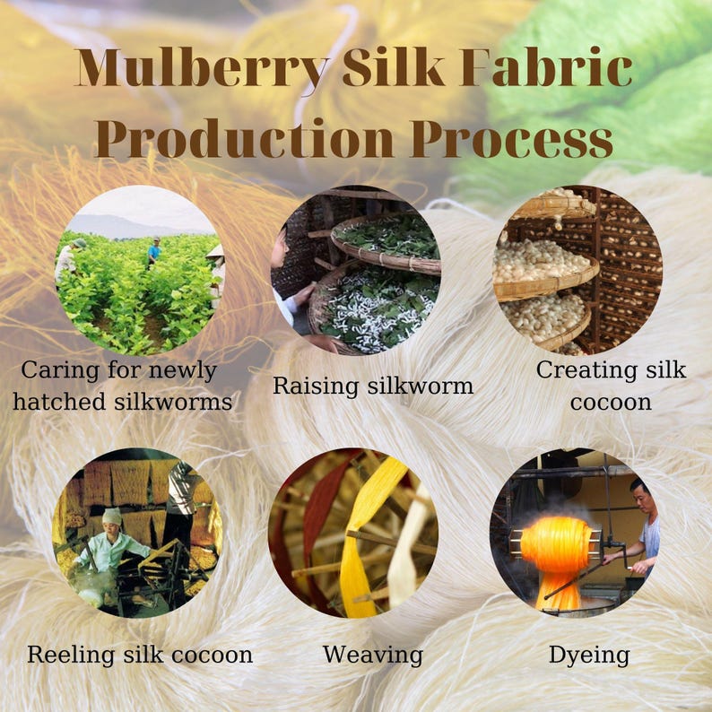 May include: A visual guide to the mulberry silk fabric production process, showing steps from caring for newly hatched silkworms to dyeing the finished fabric. The images depict the stages of raising silkworms, creating silk cocoons, reeling silk cocoons, weaving, and dyeing.