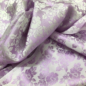 PURE MULBERRY SILK fabric by the yard - Purple silk with Rose pattern - Handmade fabric - Organic fiber - Vintage textile - Dress making