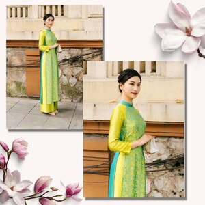 May include: Two women wearing traditional Vietnamese clothing, known as Ao Dai, in a green and yellow color scheme. The women are standing in front of a brick building.