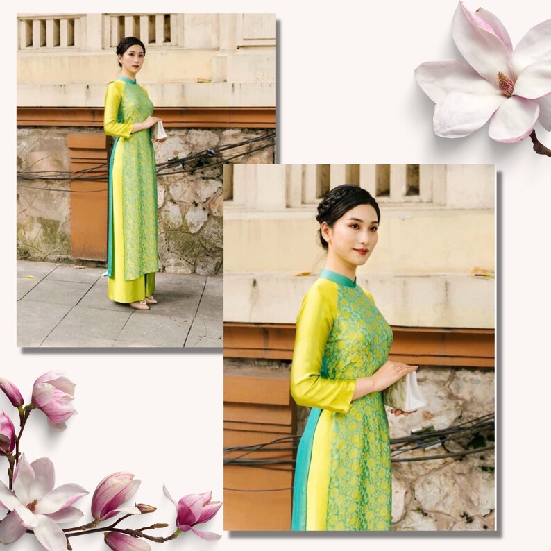 May include: Two women wearing traditional Vietnamese clothing, known as Ao Dai, in a green and yellow color scheme. The women are standing in front of a brick building.