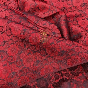 PURE MULBERRY SILK fabric by the yard - Red chrysanthemum pattern silk - Vintage textile - Gift for her - Silk for sewing - Making pyjamas