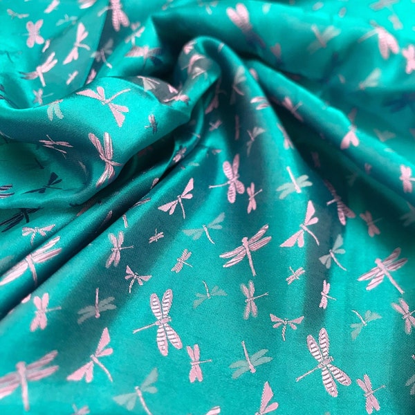 PURE MULBERRY SILK fabric by the yard - Green silk with pink dragonfly pattern - Natural silk - Dress making - Gift for her - Sewing clothes