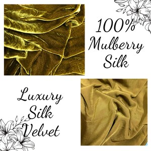 May include: A close-up of a luxurious, deep green silk velvet fabric. The fabric is soft and smooth, with a subtle sheen. The text "Luxury Silk Velvet" is printed on the image. The text "100% Mulberry Silk" is also printed on the image.