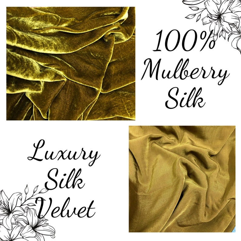 May include: A close-up of a luxurious, deep green silk velvet fabric. The fabric is soft and smooth, with a subtle sheen. The text "Luxury Silk Velvet" is printed on the image. The text "100% Mulberry Silk" is also printed on the image.
