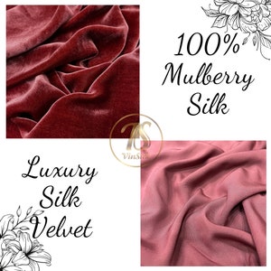 May include: Close-up of two fabric swatches. The top swatch is a deep red velvet fabric with a luxurious sheen. The bottom swatch is a lighter pink silk fabric. The text "100% Mulberry Silk" is written in black cursive font on a white background. The text "Luxury Silk Velvet" is written in black cursive font on a white background.