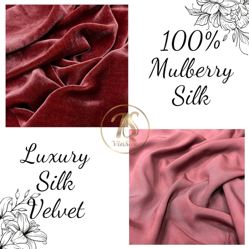 May include: Close-up of two fabric swatches. The top swatch is a deep red velvet fabric with a luxurious sheen. The bottom swatch is a lighter pink silk fabric. The text "100% Mulberry Silk" is written in black cursive font on a white background. The text "Luxury Silk Velvet" is written in black cursive font on a white background.