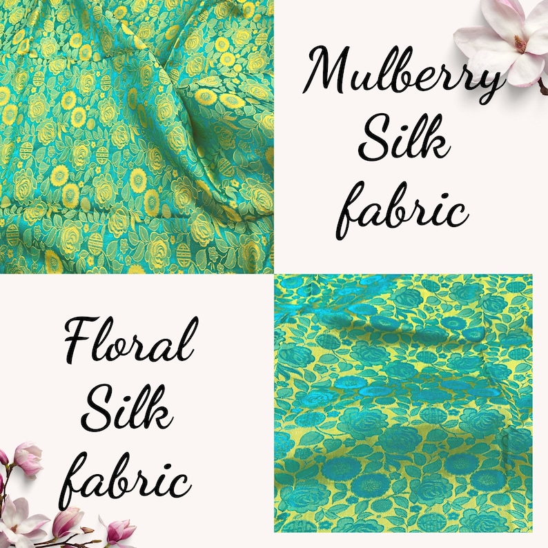May include: Two fabric swatches with a floral pattern. The fabric is a teal green color with yellow flowers. The text "Mulberry Silk fabric" and "Floral Silk fabric" is written on the image.
