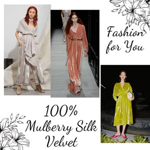 May include: Three women are wearing different styles of dresses made from 100% mulberry silk velvet. The dresses are in shades of grey, peach, and green. The text "Fashion for You" and "100% Mulberry Silk Velvet" are also visible in the image.