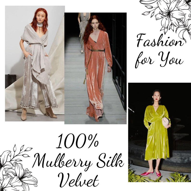 May include: Three women are wearing different styles of dresses made from 100% mulberry silk velvet. The dresses are in shades of grey, peach, and green. The text "Fashion for You" and "100% Mulberry Silk Velvet" are also visible in the image.