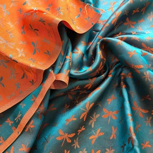 PURE MULBERRY SILK fabric by the yard - Blue silk with Orange Dragonfly pattern - Natural silk - Dressmaking - Gift for women