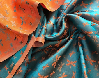 PURE MULBERRY SILK fabric by the yard - Blue silk with Orange Dragonfly pattern - Natural silk - Dressmaking - Gift for women