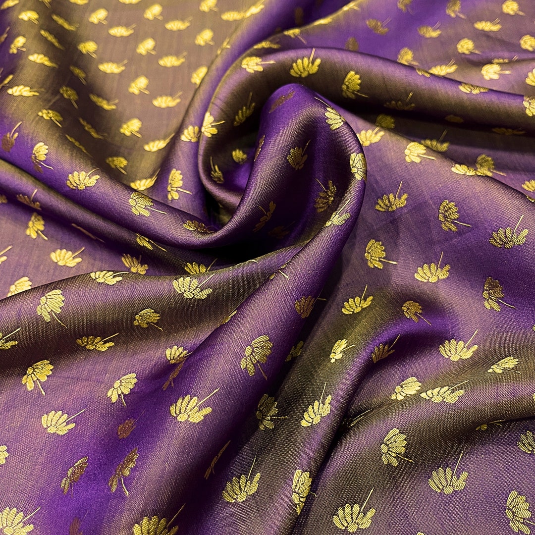PURE MULBERRY SILK Fabric by the Yard Purple Silk With Yellow Floral
