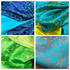 PURE MULBERRY SILK fabric by the yard - Green, blue silk with Dragonfly pattern - Natural silk - Dress making - Gift for women