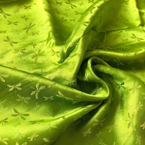 PURE MULBERRY SILK fabric by the yard - Green silk with Dragonfly pattern - Handmade silk - Natural silk - Dressmaking - Gift for women