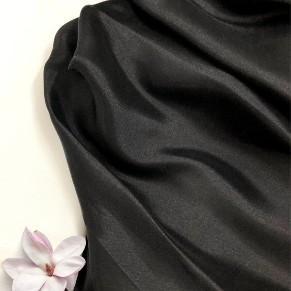 Black Silk - PURE MULBERRY SILK fabric by the yard - Natural silk fabric - Handmade fabric - Organic fiber - Vintage textile - Dress making