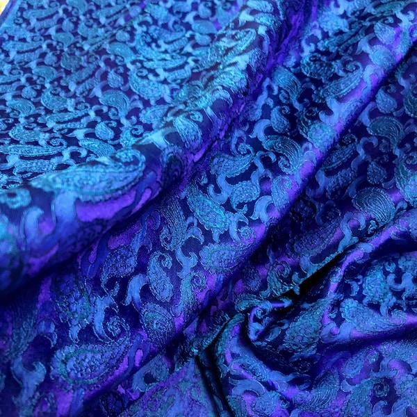 Tissu PURE MULBERRY SILK par yard - Soie bleue avec motif Paisley - Soie naturelle - Couture - Cadeau pour les femmes - Soie pour la couture