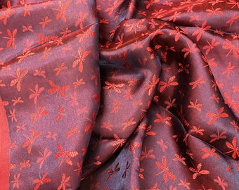 PURE MULBERRY SILK-stof op maat gesneden - Rode zijde met libelpatroon - Natuurlijke zijde - Handgemaakte zijde - Jurk maken - Cadeau voor haar