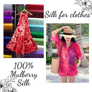 May include: A red and white tie-dye silk dress with a halter neckline and a tiered skirt. The dress is made of 100% mulberry silk. The text "Silk for clothes" and "100% Mulberry Silk" is visible in the image.