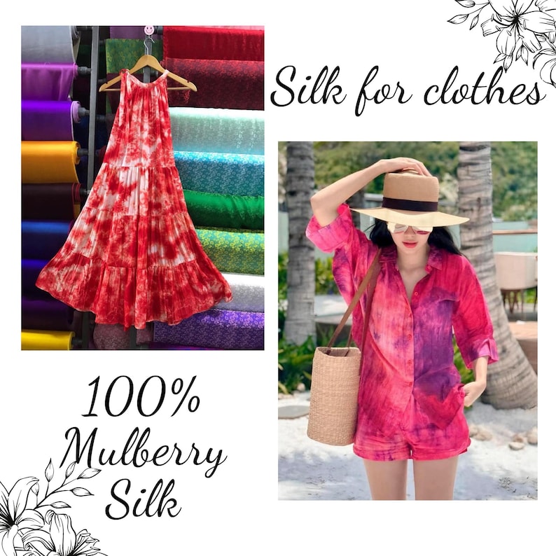 May include: A red and white tie-dye silk dress with a halter neckline and a tiered skirt. The dress is made of 100% mulberry silk. The text "Silk for clothes" and "100% Mulberry Silk" is visible in the image.