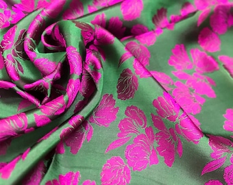 MULBERRY SILK fabric by the yard - Green silk with purple flower - Handmade fabric - Organic fiber - Vintage textile - Gift for women