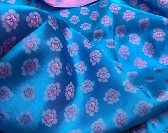 PURE MULBERRY SILK fabric by the yard - Peach blossom pattern - Blue silk - Handmade fabric - Organic fiber - Silk for sewing - Dress making