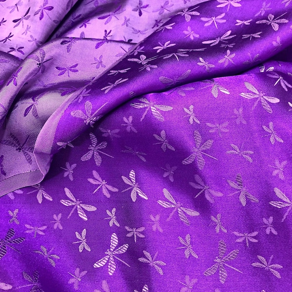 PURE MULBERRY SILK fabric by the yard - Purple silk with Dragonfly pattern - Natural silk - Dress making - Gift for women - Silk for sewing