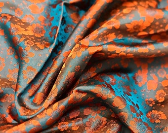 PURE MULBERRY SILK fabric by the yard - Green silk with orange flowers - Organic fiber - Vintage textile - Wedding dress - Gift for women