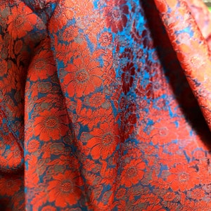 MULBERRY SILK fabric by the yard - Floral Silk - Blue silk with orange flowers - Handmade in Vietnam - Luxury silk - Gift for women