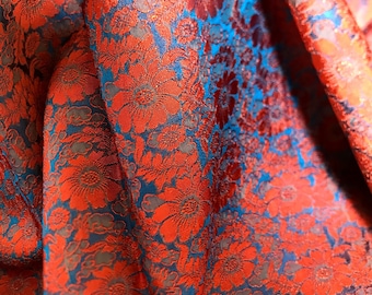 MULBERRY SILK fabric by the yard - Floral Silk - Blue silk with orange flowers - Handmade in Vietnam - Luxury silk - Gift for women