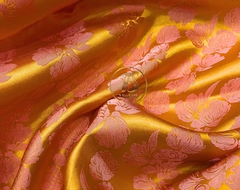 PURE MULBERRY SILK fabric by the yard - Orange silk with pink floral pattern - Handmade silk - Dress making - Silk for sewing - Gift for her