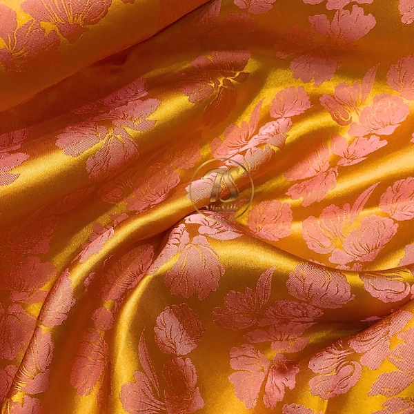 PURE MULBERRY SILK fabric by the yard - Orange silk with pink floral pattern - Handmade silk - Dress making - Silk for sewing - Gift for her