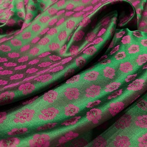 FLORAL MULBERRY SILK fabric by the yard - Green silk - Pink floral pattern - Handmade silk - Vintage textile - Dress making - Gift for her
