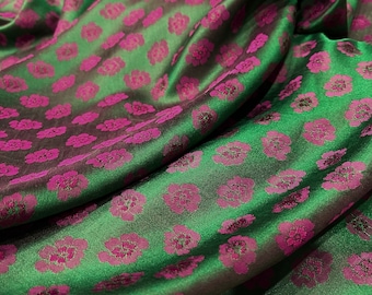 FLORAL MULBERRY SILK fabric by the yard - Green silk - Pink floral pattern - Handmade silk - Vintage textile - Dress making - Gift for her