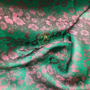PURE MULBERRY SILK fabric by the yard - Green silk with pink floral pattern - Organic fiber - Gift for her - Dress making - Silk for sewing