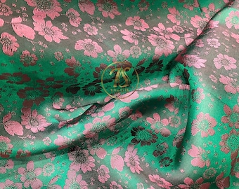 Tessuto PURA SETA DI GELSO tagliato su misura - Seta verde con motivo floreale rosa - Fibra organica - Regalo per lei - Realizzazione di abiti - Seta per cucito
