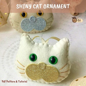 Shiny stuffed cat ornament, pdf sewing patterns, felt ornaments, christmas felt cat decoration