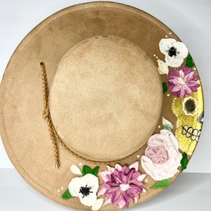 Hand painted floral hat,skull hat,floral fedora hat, hand painted hat, hand painted felt hat, hand painted brim hat,3d flower hat, skull hat