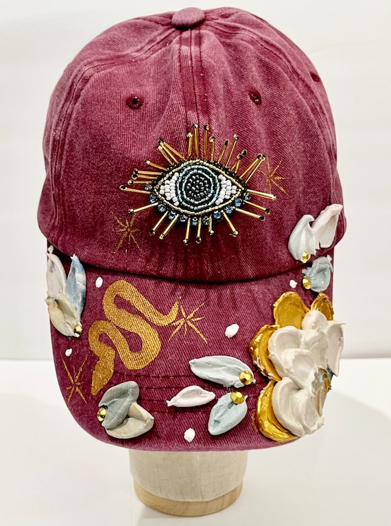 Fuchsia Hand Painted Baseball Hat, Hand Painted Floral Cap  display picture 3